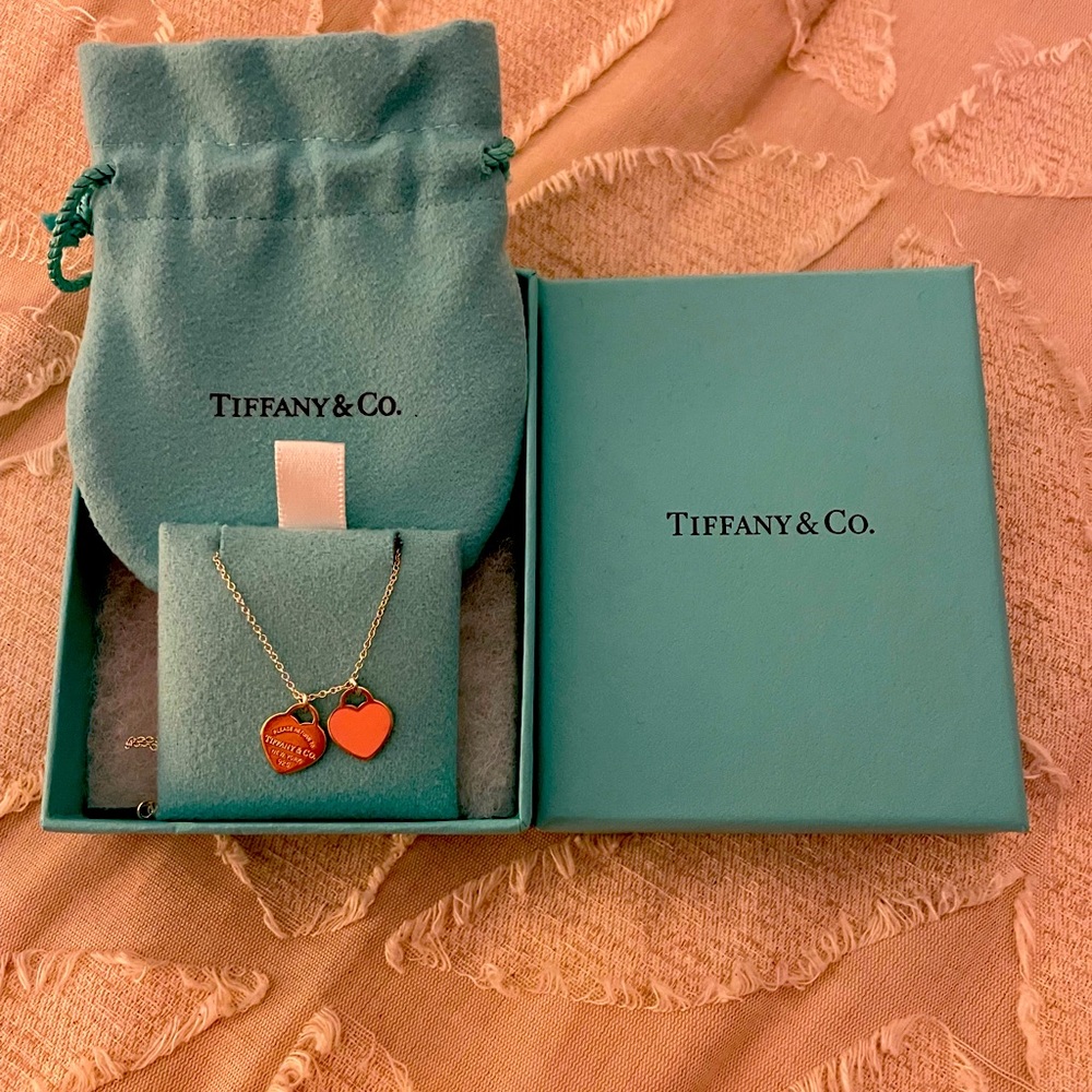 Authentic Return to Tiffany & Co. Mini Double Heart Pendant Necklace Pink
